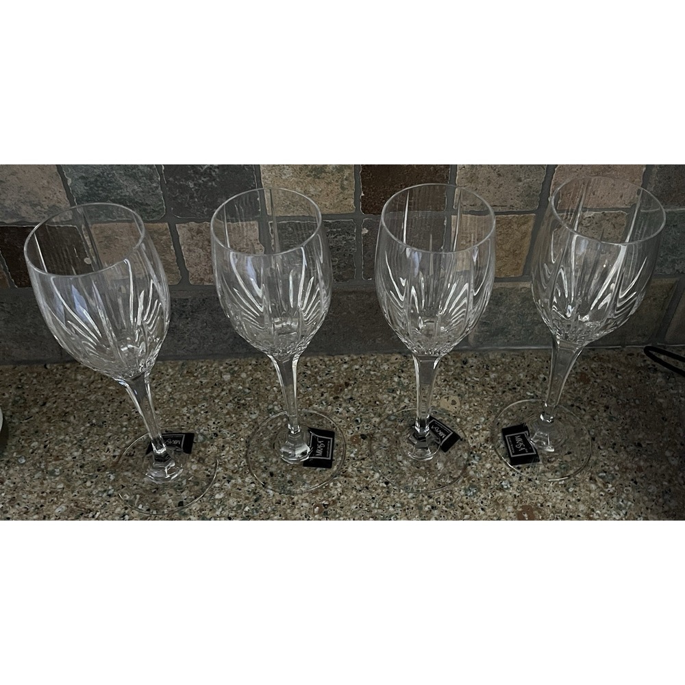 4 New Mikasa Arctic Lights Wine Crystal Glasses 8.25" w Sticker 6oz Disc Holiday